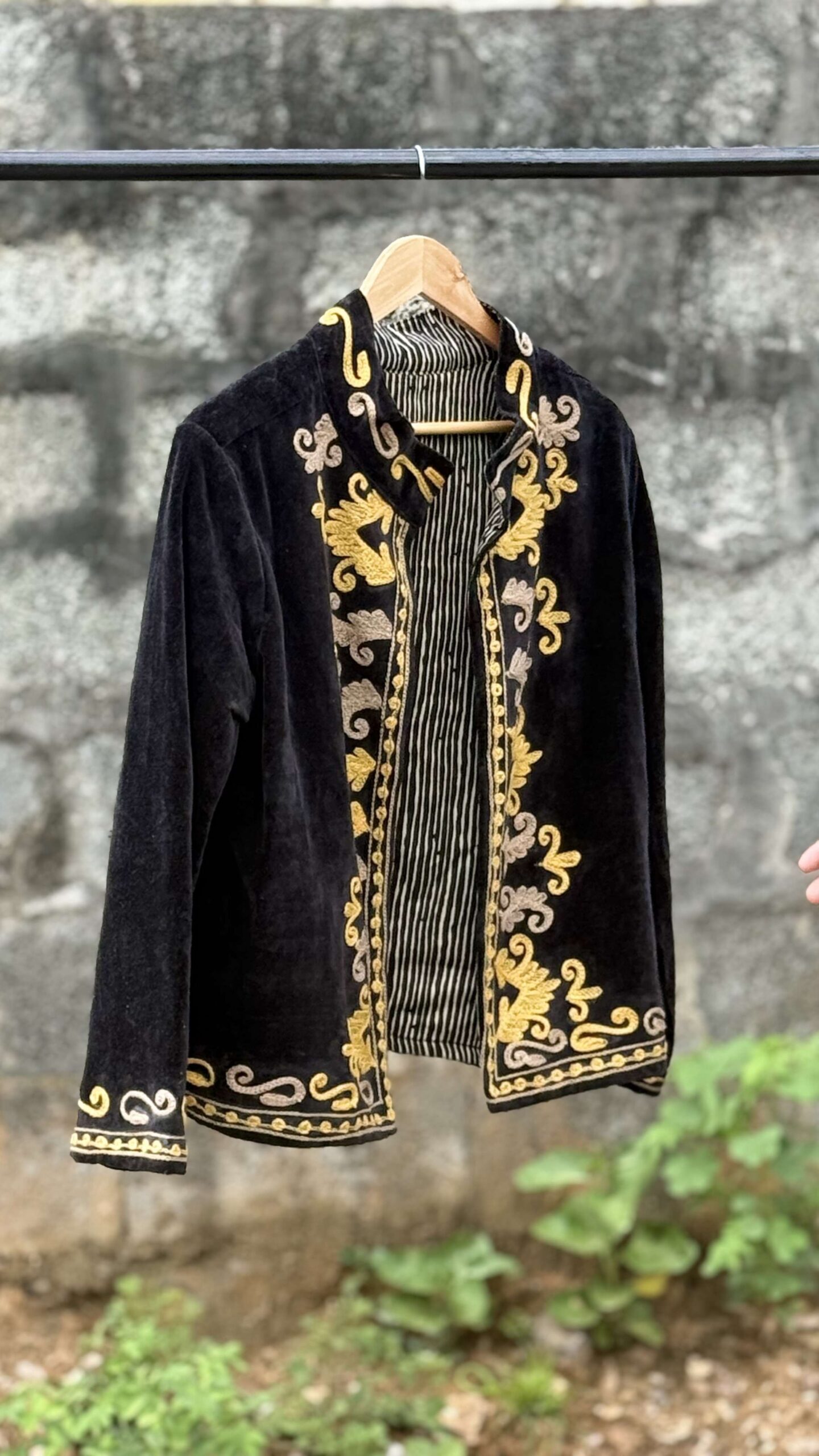 Womens Black Velvet Embroidered Jacket with Floral Design - Image 2